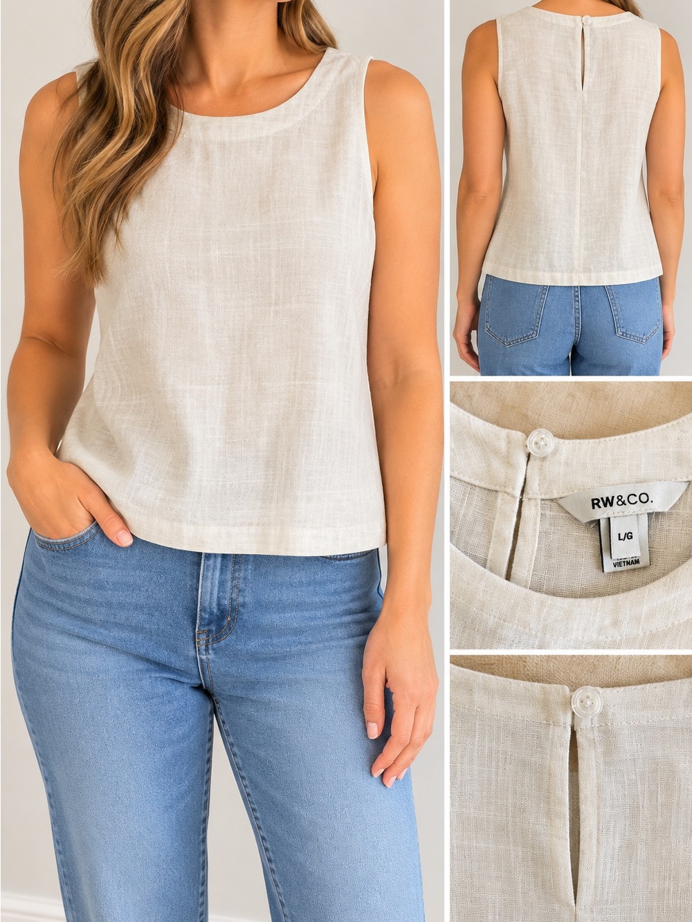 RW&CO. Cream Linen-Blend Sleeveless Tank Top
